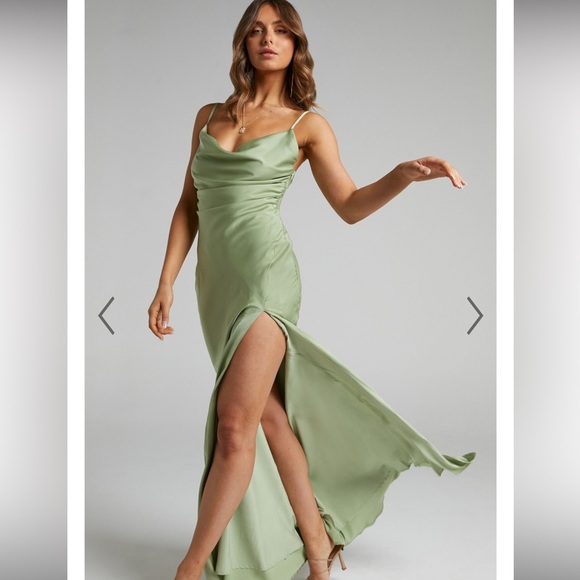 Showpo. JEWELLE MIDI DRESS - HIGH SPLIT COWL NECK SATIN DRESS IN GREEN size 6 - Picture 1 of 8